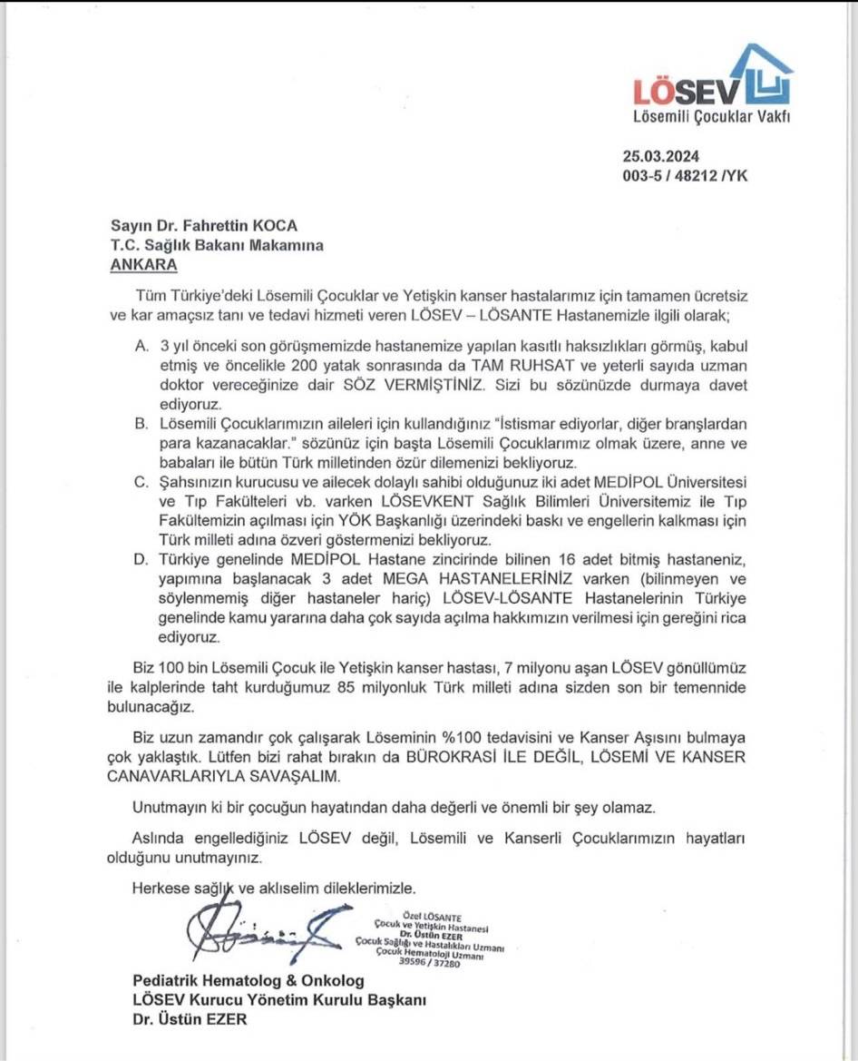 Armagan Caglayan Dr Fahrettin Kocaya Gonderilen LOSEV Mektubunu Paylasti